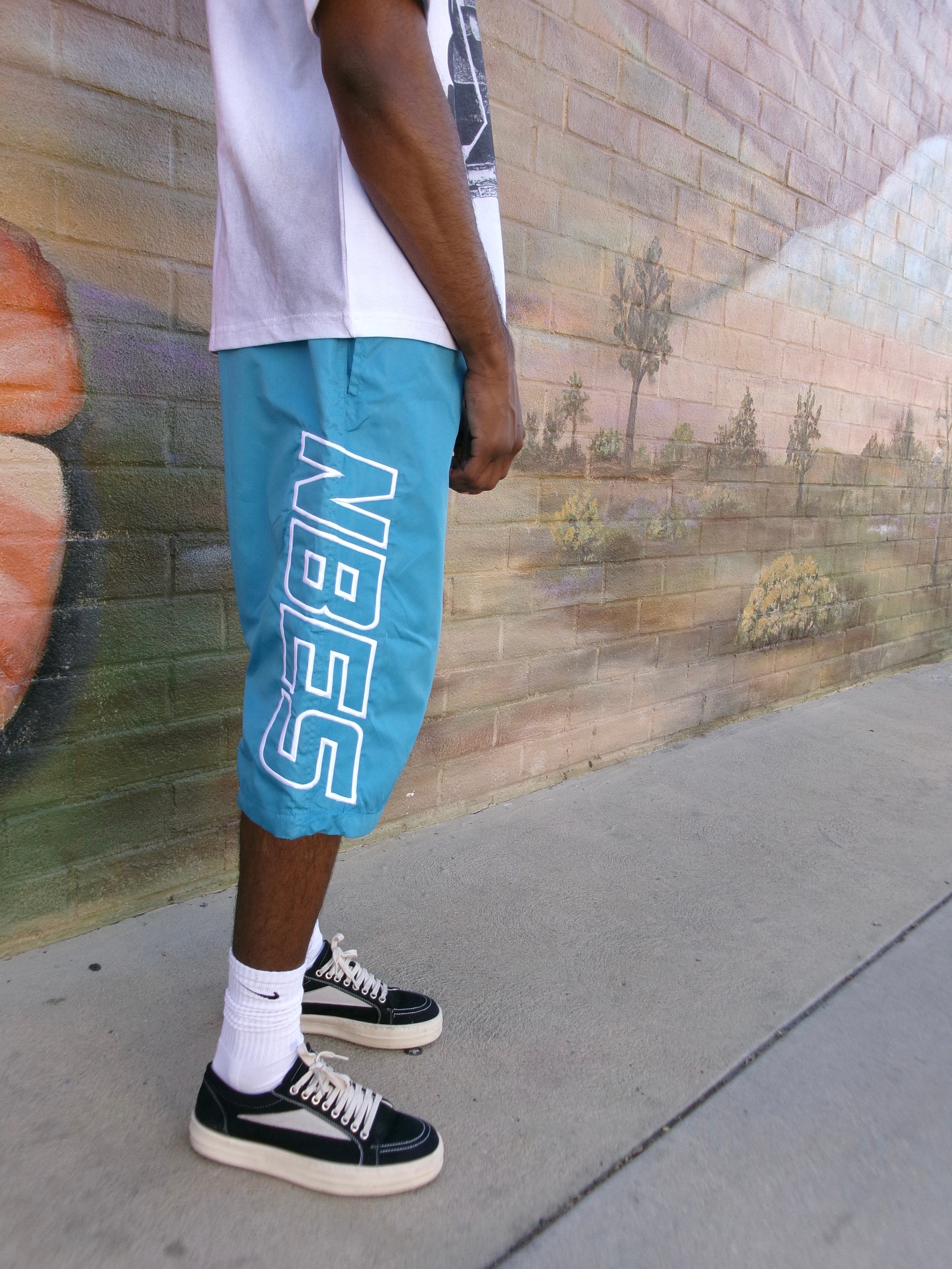 Blue Nylon Capri Shorts